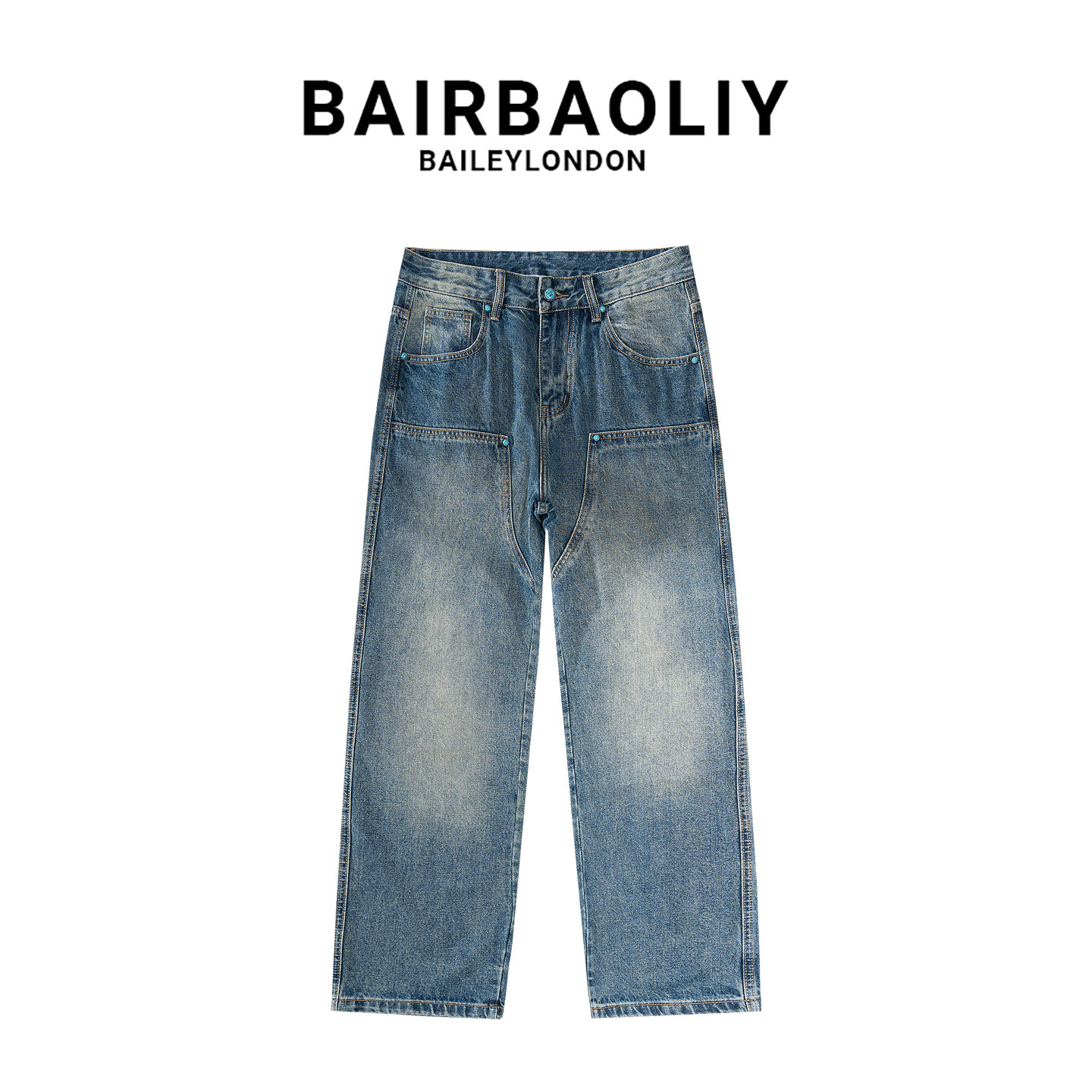 BAIRBAOLIY男款牛仔裤琥珀色精致纽扣时尚拼接工装痞帅休闲长裤潮