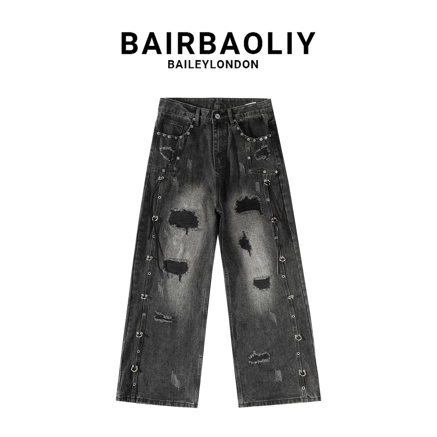 BAIRBAOLIY潮牌重工水洗做旧柳钉破洞牛仔裤美式高街宽松直筒长裤