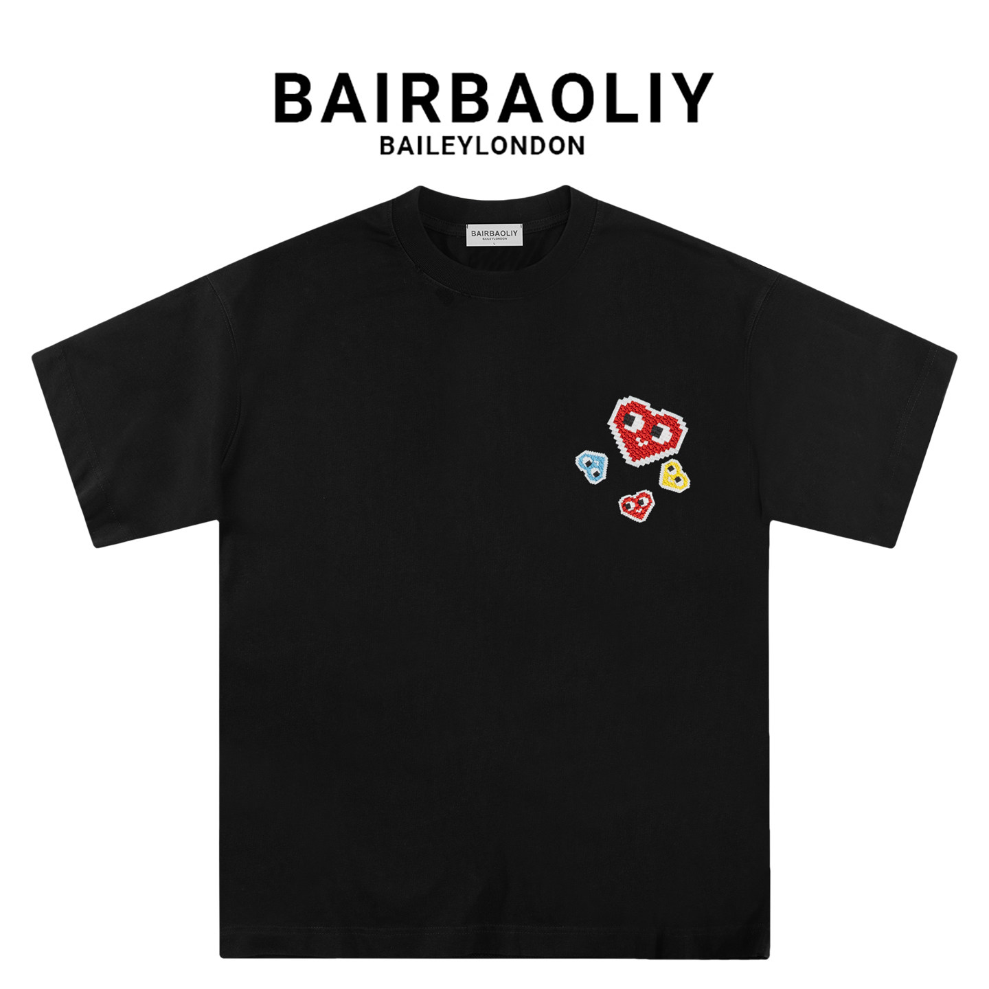 BAIRBAOLIY轻奢潮流珍珠爱心刺绣纯棉百搭宽松透气短袖T恤男女款