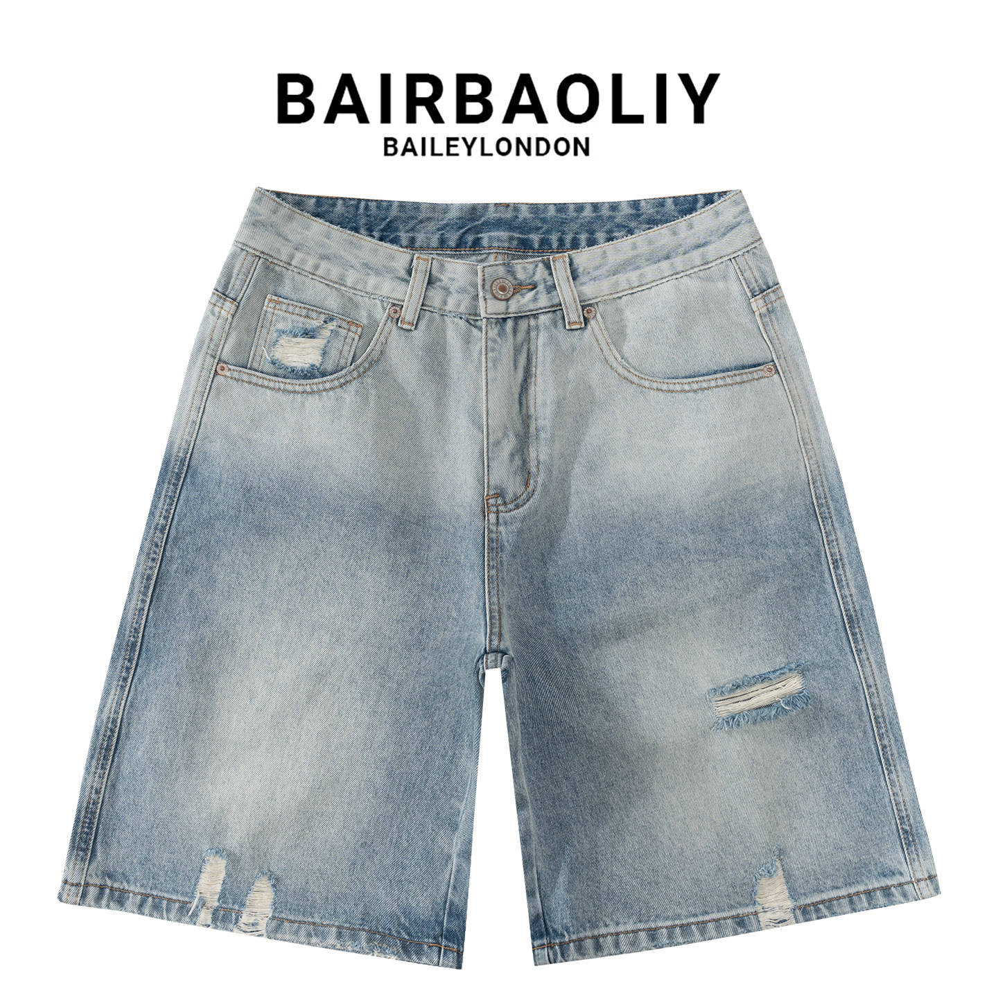 BAIRBAOLIY潮牌时尚浅蓝渐变破洞牛仔短裤夏季宽松直筒五分中裤男