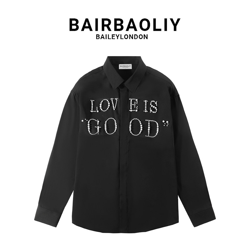 BAIRBAOLIY美式轻奢感珍珠钉珠长袖衬衫男女小众设计时尚男装衬衣