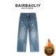 宽松休闲直筒阔腿裤 BAIRBAOLIY做旧泼墨牛仔裤 男加绒加厚2025新款