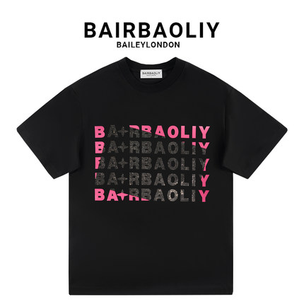 BAIRBAOLIY潮牌重工烫钻字母短袖T恤撞色叠印设计男女款休闲上衣
