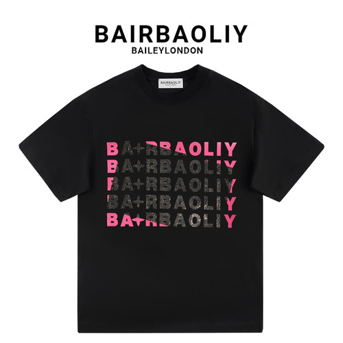 BAIRBAOLIY潮牌重工烫钻字母短袖T恤撞色叠印设计男女款休闲上衣