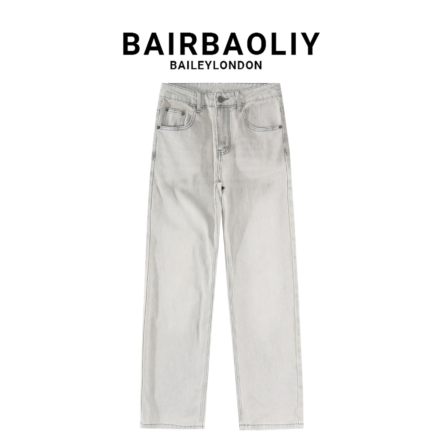 BAIRBAOLIY男士灰色直筒复古水洗重工刺绣椰树潮流百搭休闲牛仔裤