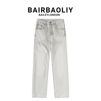 BAIRBAOLIY男士灰色直筒复古水洗重工刺绣椰树潮流百搭休闲牛仔裤
