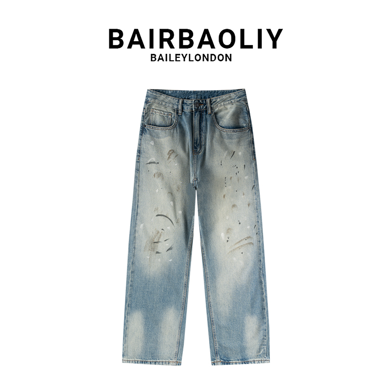 BAIRBAOLIY美式休闲复古水洗牛仔裤扎染泼墨直筒高街男裤2025新款