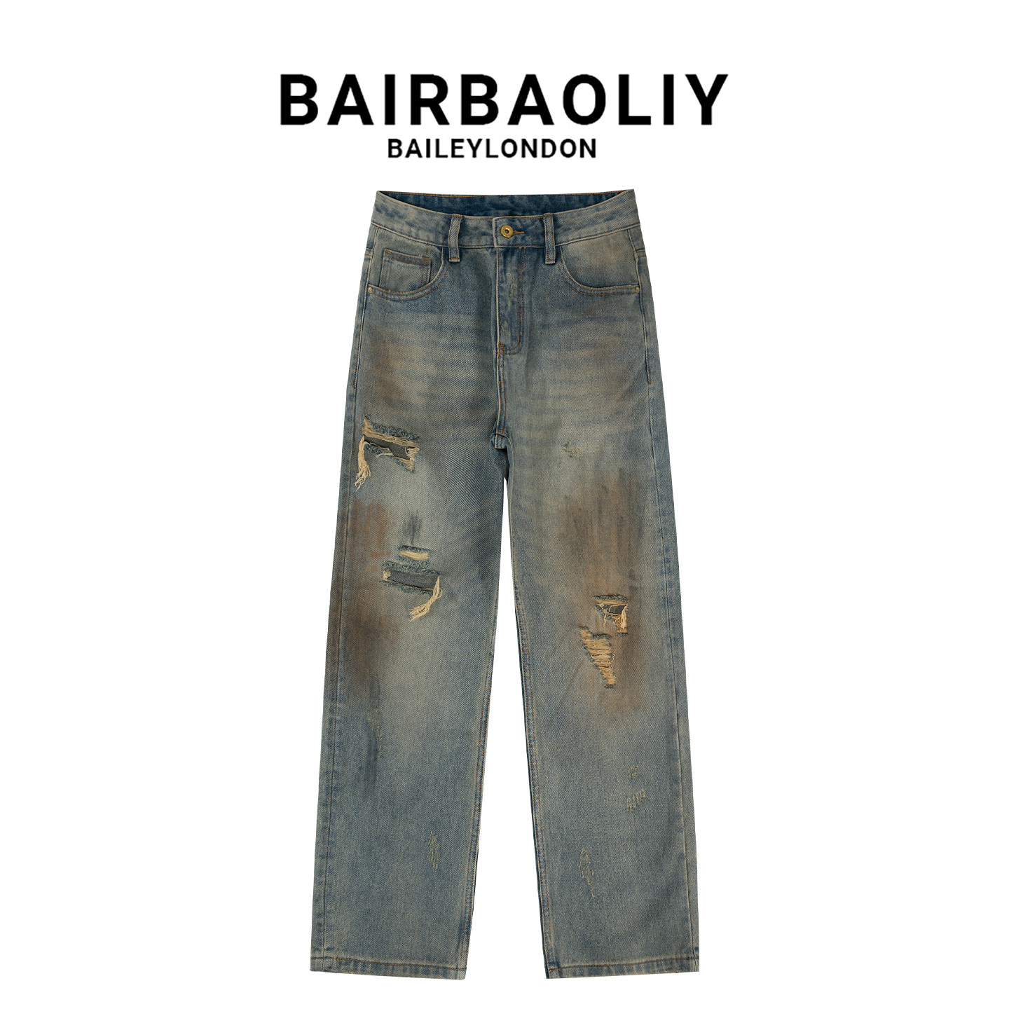 BAIRBAOLIY美式复古脏染做旧破洞牛仔裤男士新款宽松直筒潮牌长裤
