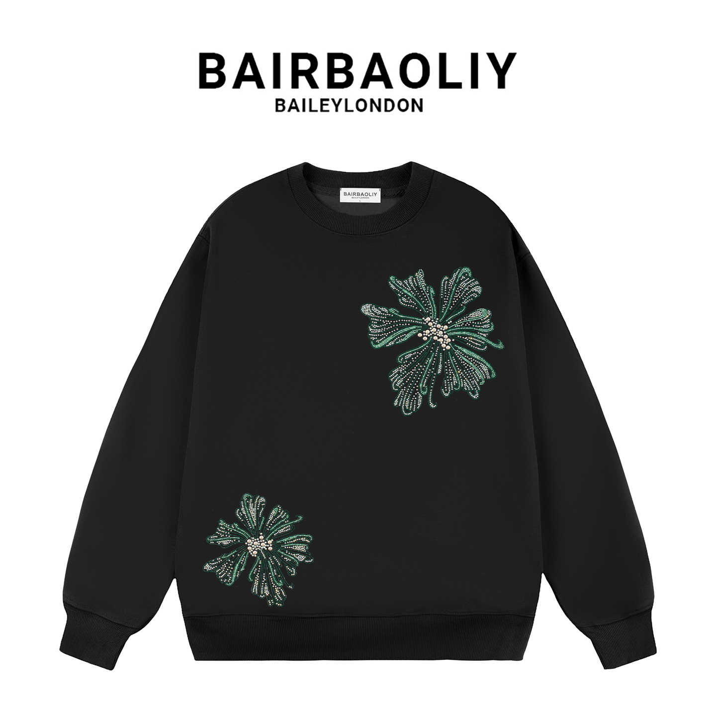 BAIRBAOLIY2025秋冬新款加绒加厚烫钻花朵卫衣男休闲时尚舒适上衣