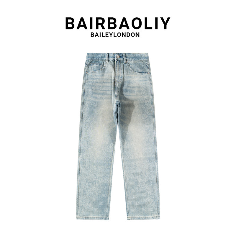 BAIRBAOLIY高端潮流牛仔裤男款时尚复古轻奢直筒满印小众新款长裤