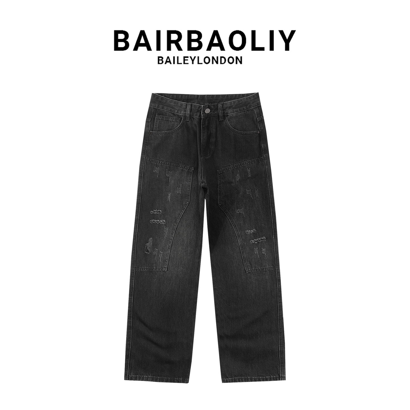BAIRBAOLIY直筒水洗刮破做旧ins牛仔裤美式高街拼接宽松阔腿长裤