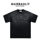 BAIRBAOLIY潮奢重磅十字架满天星烫钻水洗做旧落肩短袖 T恤宽松版