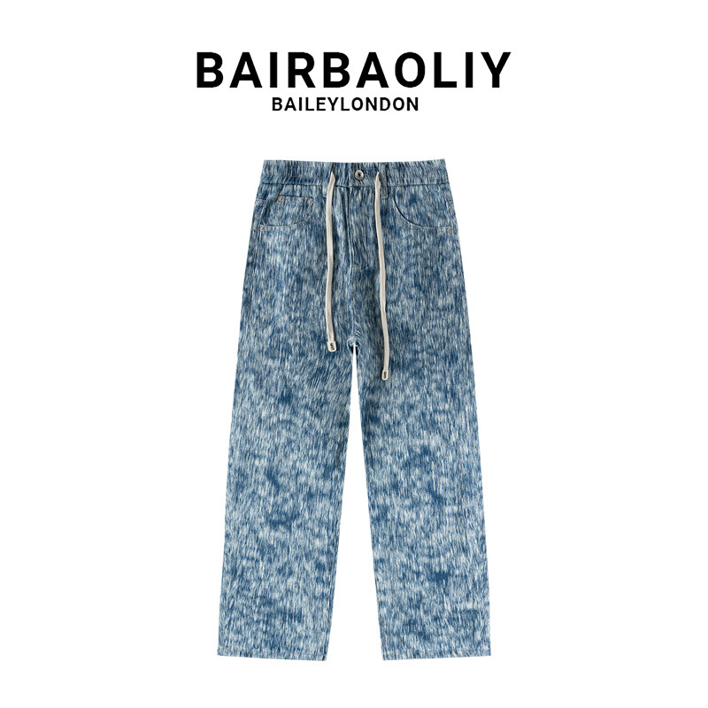 BAIRBAOLIY时尚潮牌春夏新款蓝色提花牛仔裤抽绳宽松九分牛仔裤男