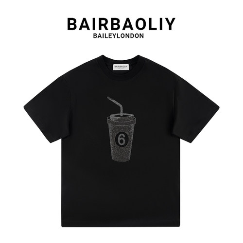 BAIRBAOLIY2025创意满钻6号杯潮牌痞帅街拍酷帅短袖T恤男女同款