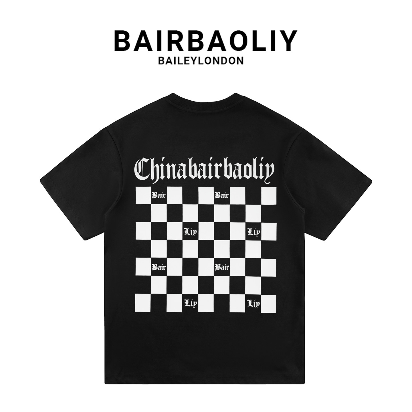 BAIRBAOLIY/棋盘格哥特式字母潮牌美式高街印花短袖T恤男女情侣款