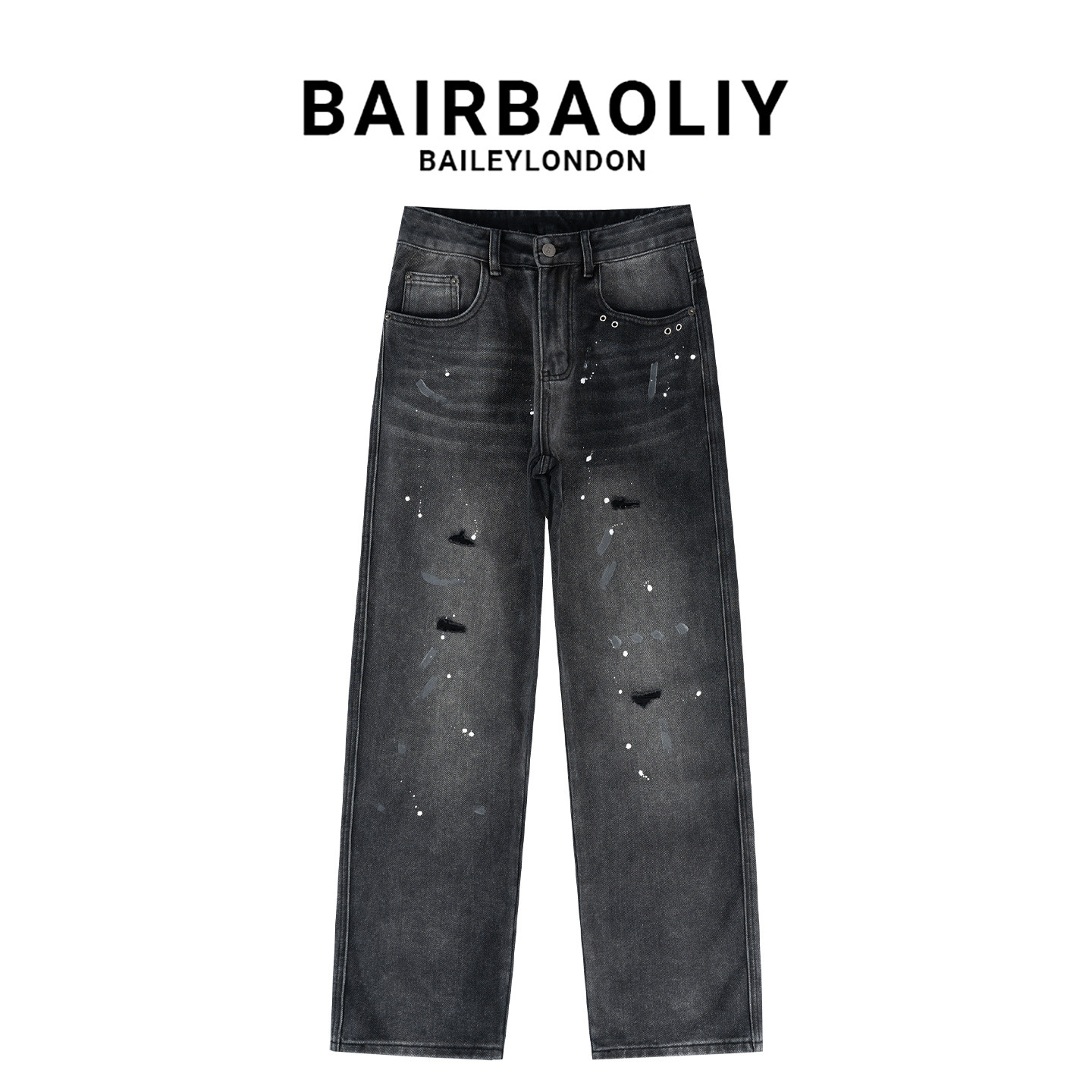 BAIRBAOLIY美式泼墨小众设计破洞牛仔裤男新款时尚刮烂直筒休闲裤