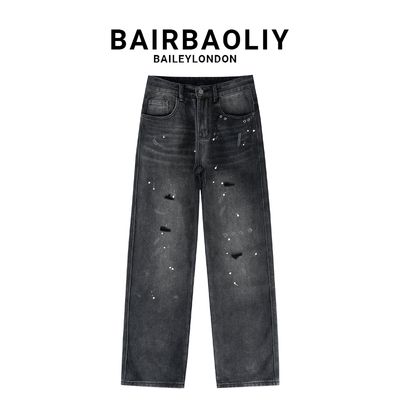 BAIRBAOLIY美式泼墨小众设计破洞牛仔裤男新款时尚刮烂直筒休闲裤