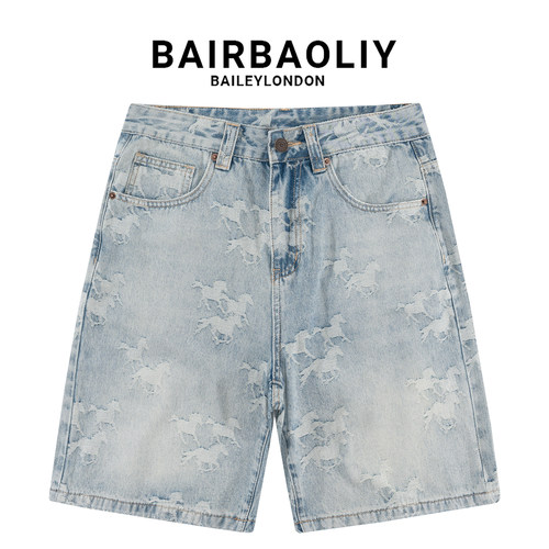 BAIRBAOLIY高端潮牌马年提花牛仔短裤男万马奔腾宽松直筒五分中裤