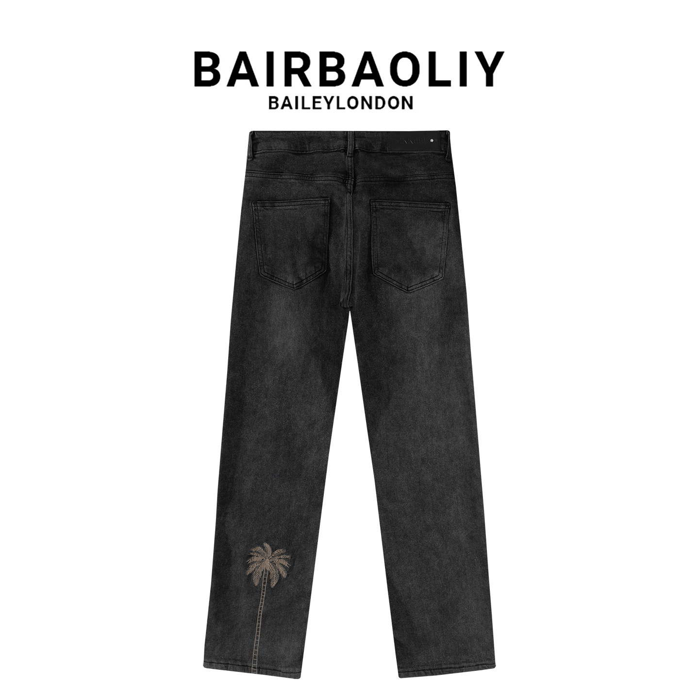 BAIRBAOLIY美式高端设计款椰树刺绣小直筒牛仔裤复古水洗休闲长裤