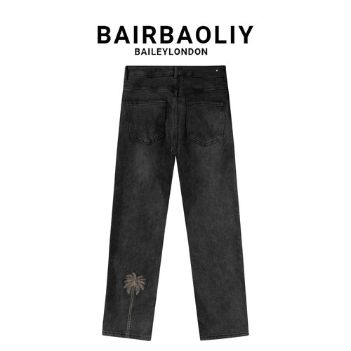 BAIRBAOLIY美式高端设计款椰树刺绣小直筒牛仔裤复古水洗休闲长裤