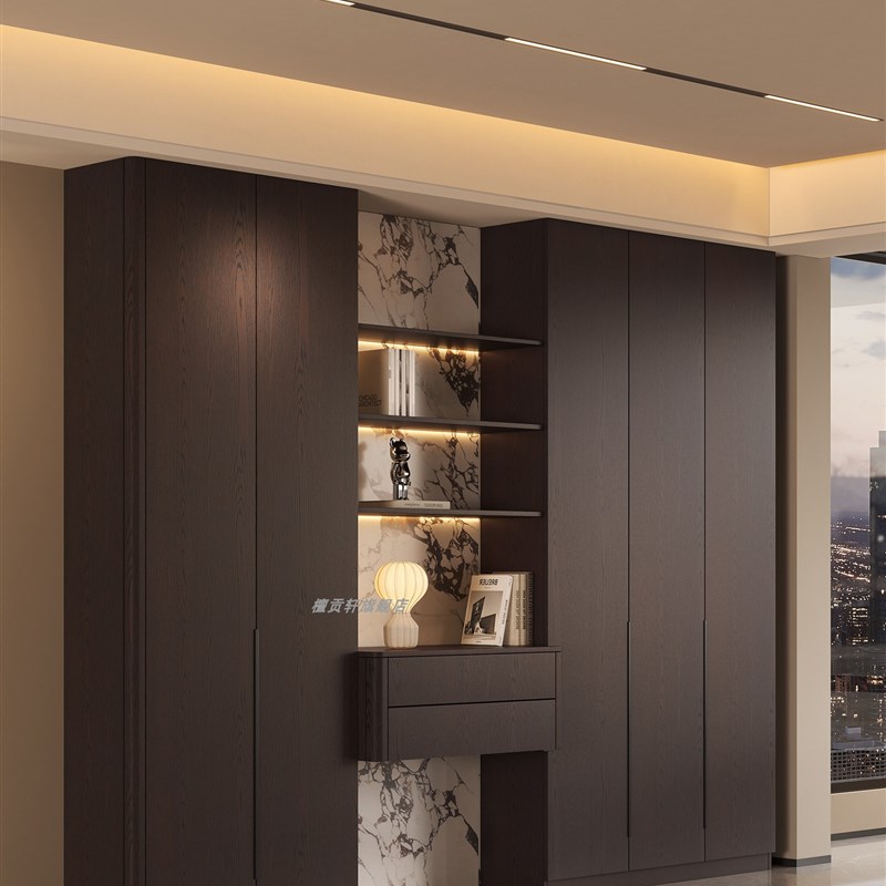 实木轻奢现代简约客厅满t墙书柜意式级简圆弧沙发背景储物柜办公