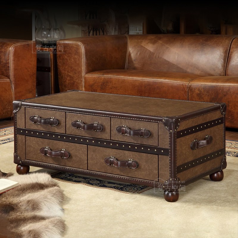 复古皮箱茶几f欧式美式储物咖啡桌中古风雪茄吧会客室做旧桌子