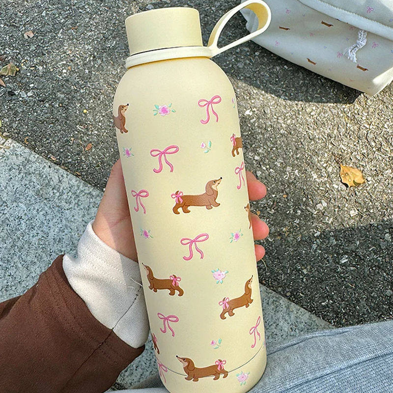 귀여운 꽃 닥스훈트 강아지 보온병 컵 대용량 키가 큰 여성 휴대용 마시는 컵 보온 작은 입 컵