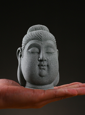 新中式创意青砂石佛头大如来摆件家居客厅水族鱼缸造景桌面装饰品