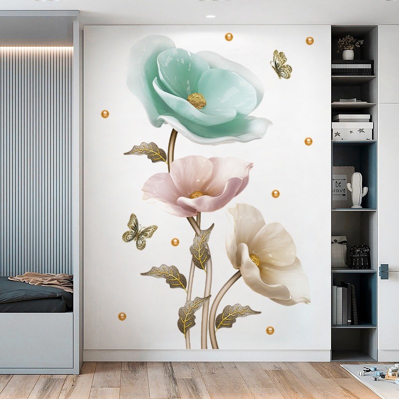 3d立体荷花墙贴画卧室客厅电视背景墙壁纸玄关墙面装饰品墙纸花朵图片