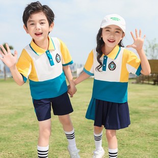 橙色学院风小学生夏季新款纯棉短袖校服套装男女童班服幼儿园园服