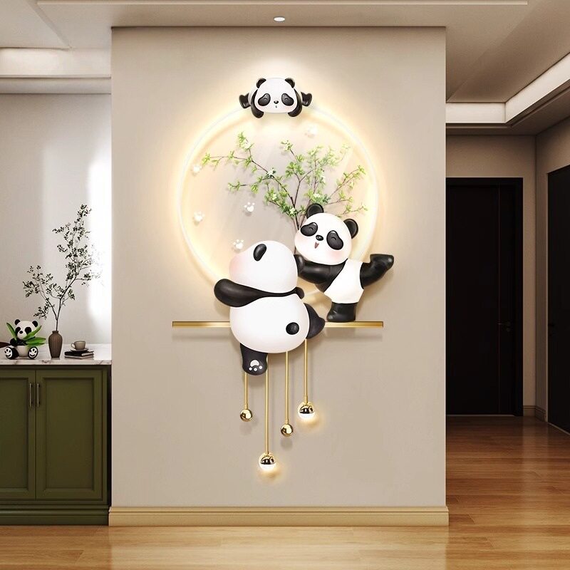 熊猫玄正对门关装饰画奶油风客厅挂画走廊过道壁画创意led灯壁饰