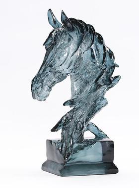 北欧轻奢浅蓝色马头树脂摆件后现代酒店别墅展厅玄关动物软装饰品