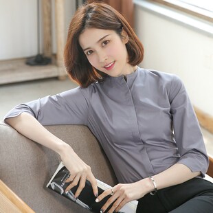棉职业白衬衫女蓝色正装修身上衣七分袖小个子面试工作服衬衣夏