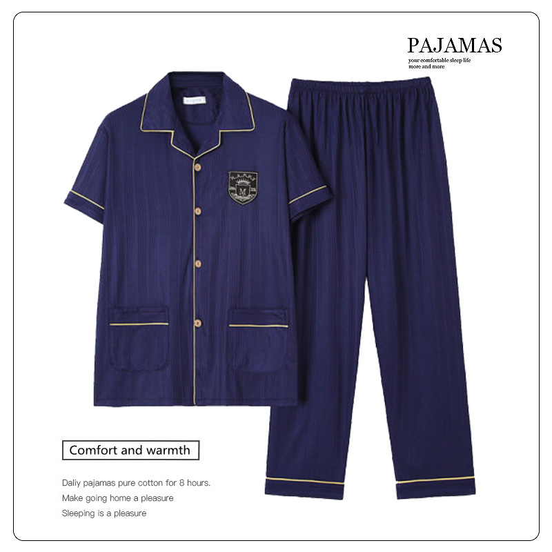 棉睡衣夏季薄款男士加肥加大码短袖长裤全棉家居服中老年爸爸套装