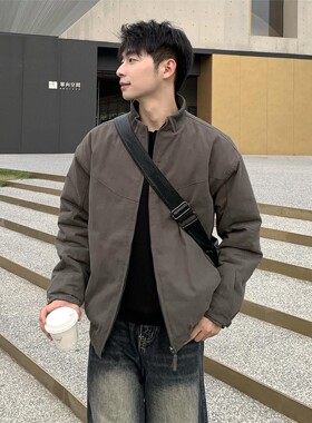 灰色立领工装飞行夹克男秋冬季boxy廓形加厚夹棉外套美式高街棉服