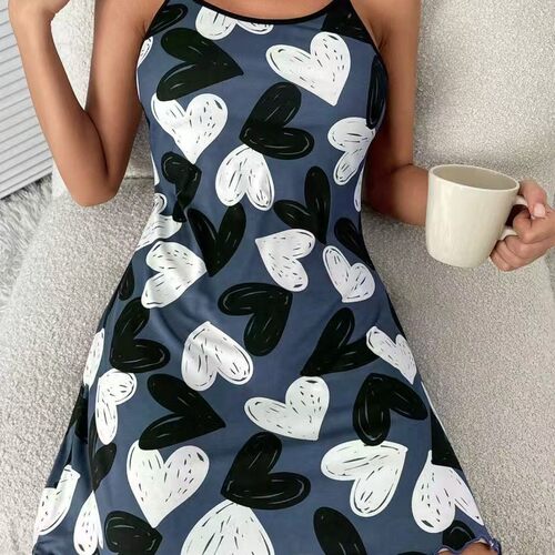 2025外贸欧美新款情人节红色love爱心印花吊带睡裙女士家居服批发