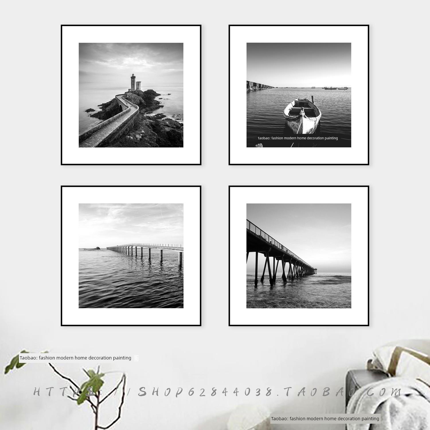 黑白风格装饰画壁龛艺术海景风景客厅办公室入口通道背景墙挂画