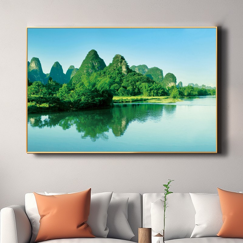 桂林山水画客厅餐厅招财挂画青山绿水风景画办公室铝合金框装饰画
