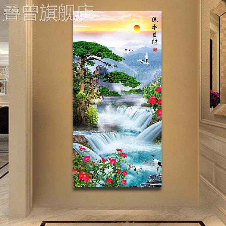 现代客厅无框画走廊过道挂画玄关装饰画竖版山水风景壁画流水生财图片