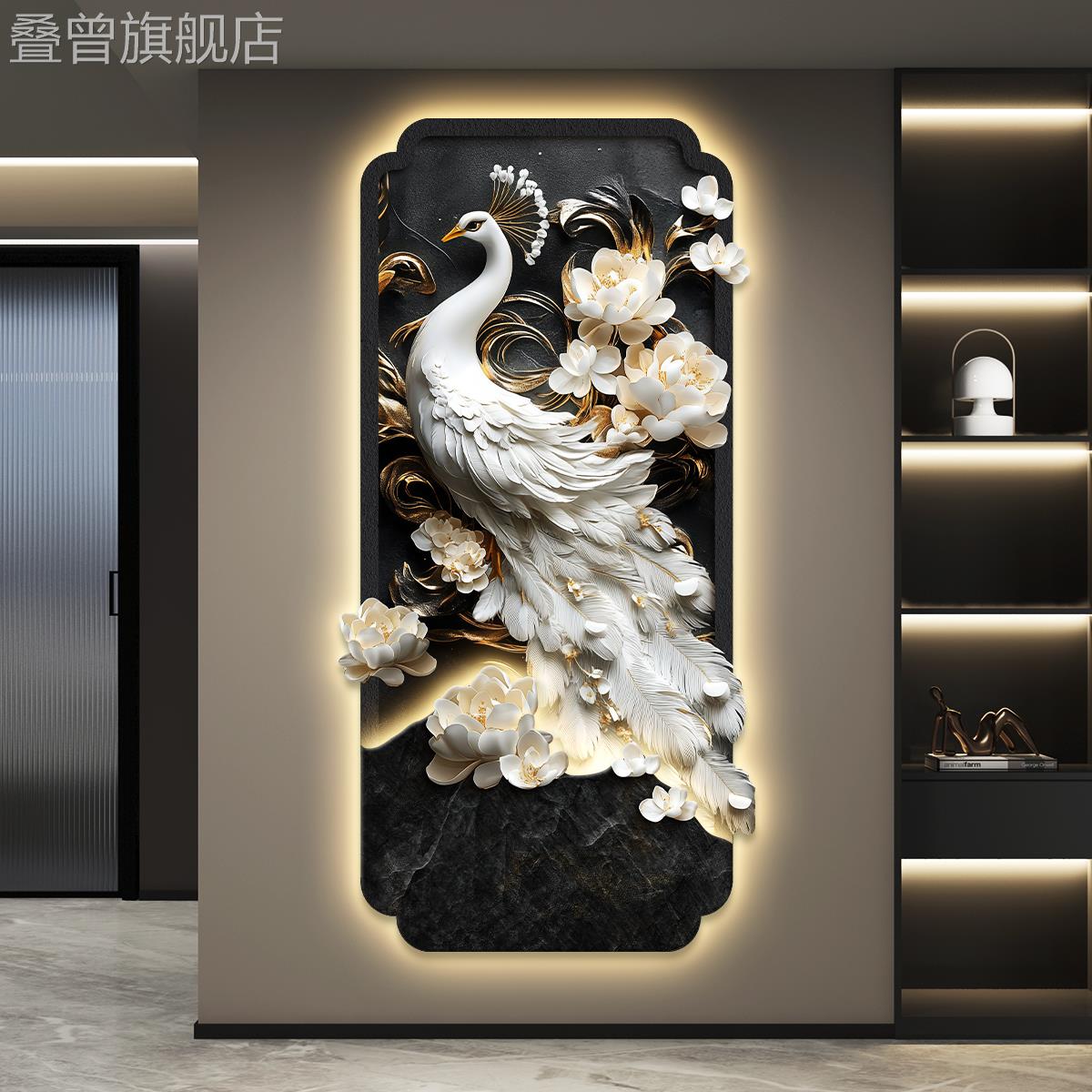 孔雀led带灯轻奢入户玄关装饰画 划走廊过道挂画 划壁画 划简约现图片