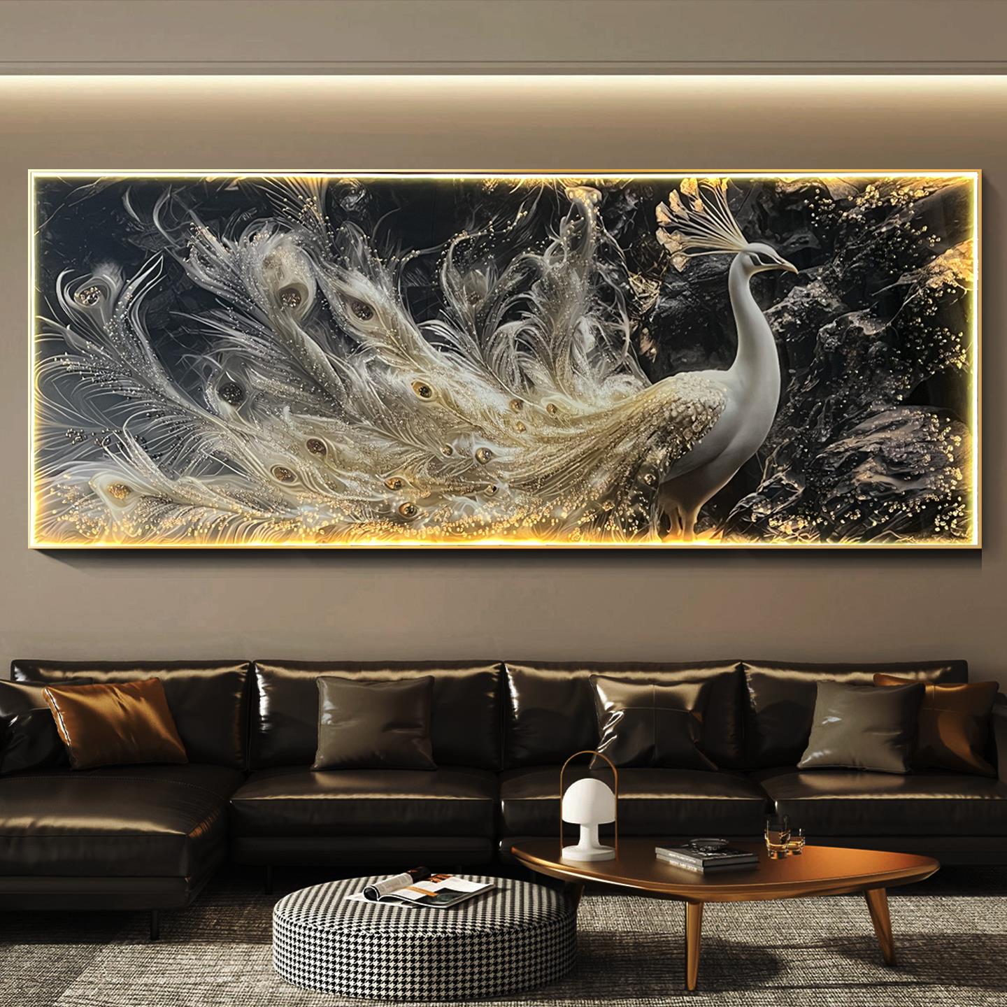孔雀轻奢客厅装饰画led灯画新款沙发背景墙挂画高级感晶瓷横壁画图片