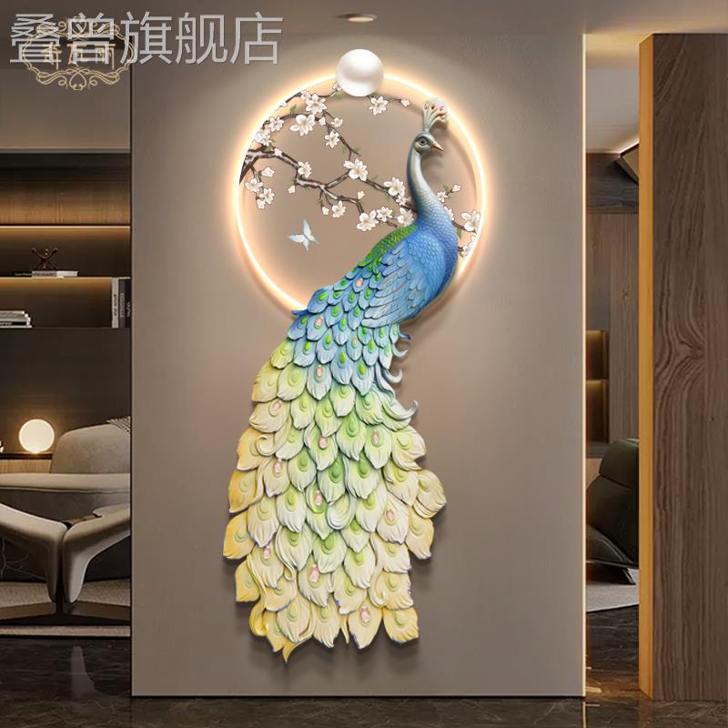新中式孔雀玄关装饰画 画轻奢入户带LED灯发光壁画 画客厅走廊过图片