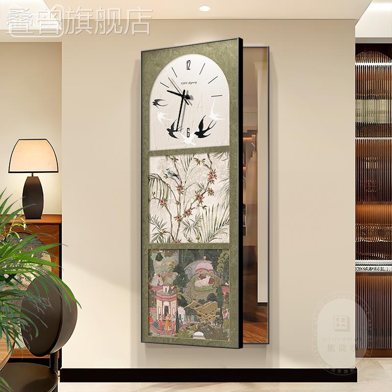 中古风翻开门式镜子画隐藏玄关隐形推拉暗藏式全身镜装饰画带钟表
