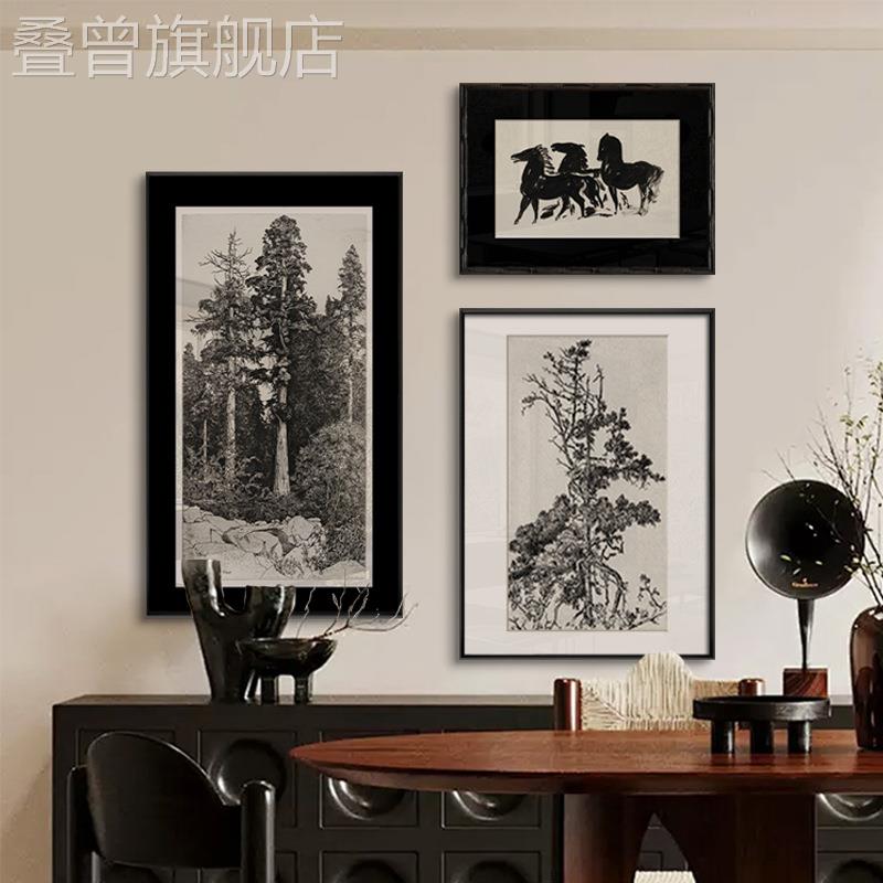 侘寂中古风茶室写意小众黑白素描艺术高级感三匹骏马组合装饰挂画图片