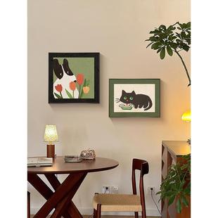 中古餐厅装饰画多巴胺卡通动物客厅墙面挂画覆古小众艺术卧室壁画
