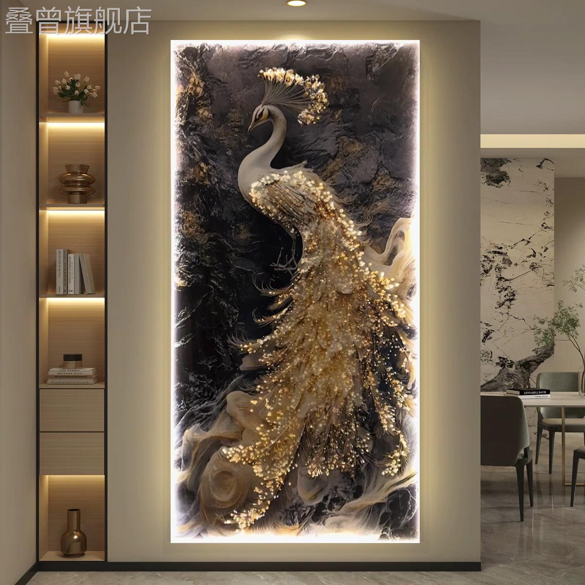 孔雀轻奢入户玄关装饰画led灯画新款高级感晶瓷挂画走廊过道壁画图片