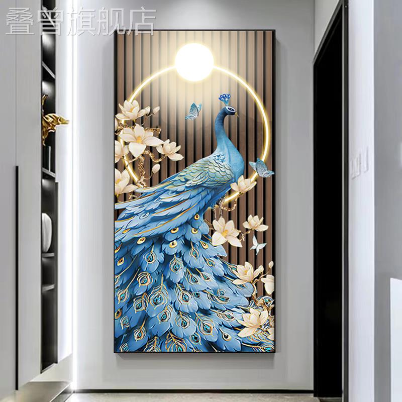 孔雀客厅入户玄关装饰画走廊过道墙壁挂画2023年新款镶钻晶瓷壁画图片