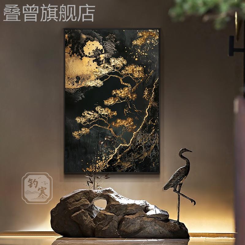 新中式黑金轻奢松树高级感禅意玄关客厅装饰画背景墙壁画竖版挂画图片