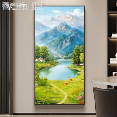 绿水青山入门玄关装饰画西墙走廊过道挂画聚宝盆山水画靠山图壁画