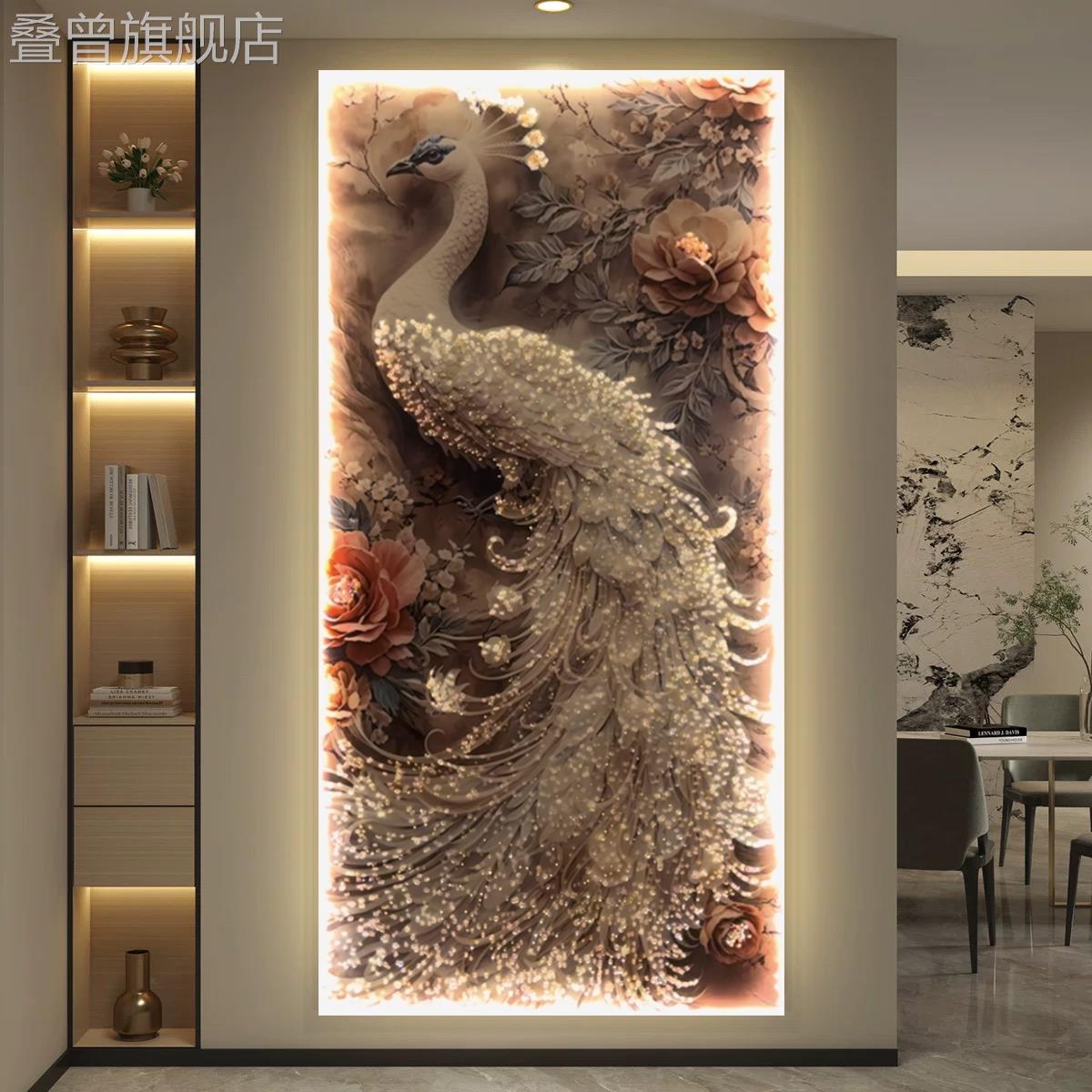 孔雀入户门玄关装饰画led灯轻奢高级感2025新款客厅挂画走廊壁画图片